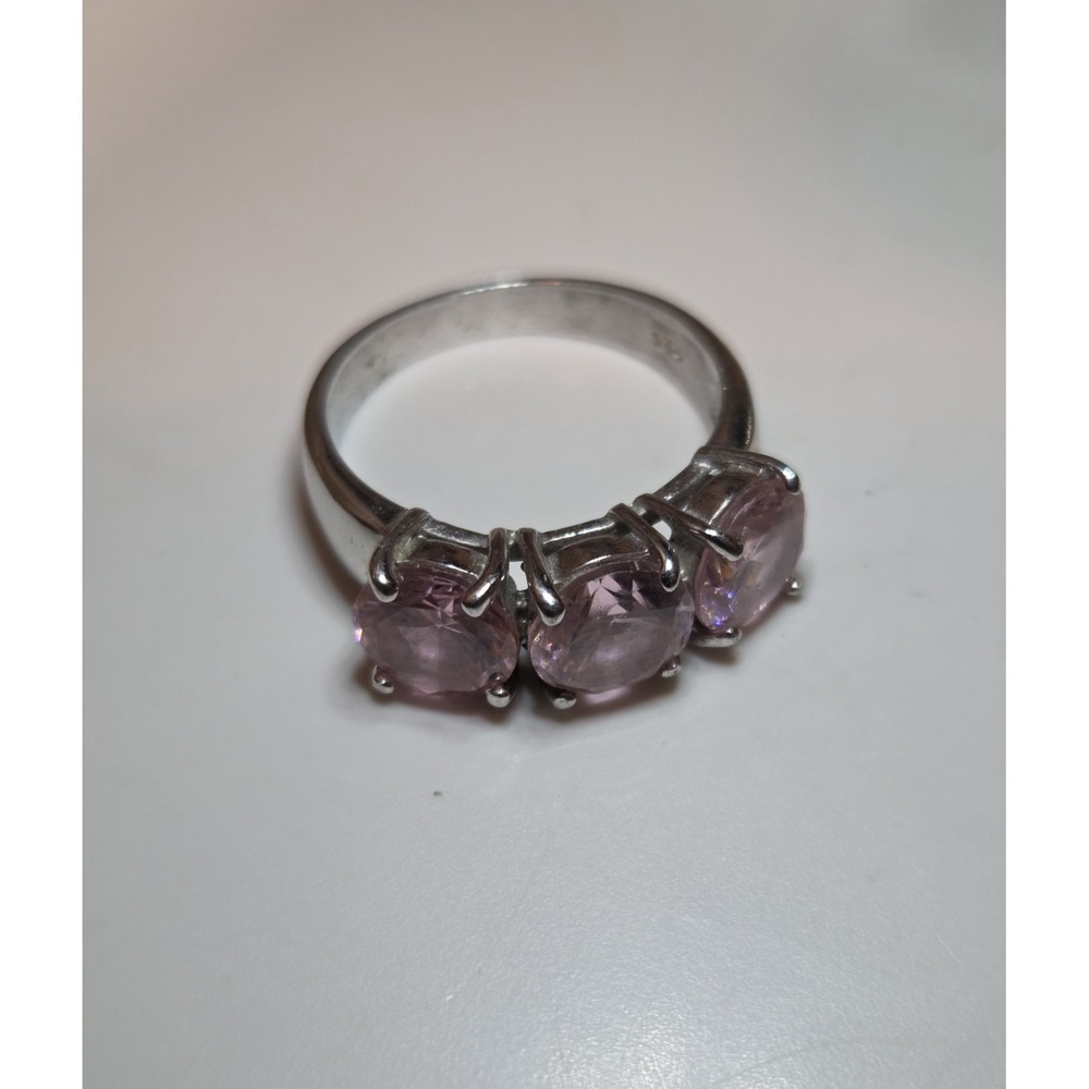 Vintage Sterling Silver Round Pink Cubic Zirconia Trilogy Ring Size 7 - Picture 2 of 7